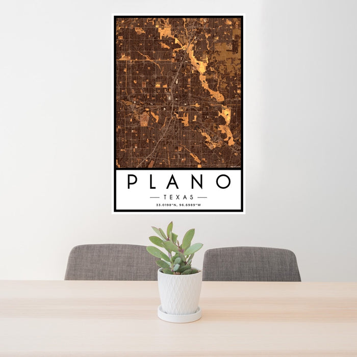 24x36 Plano Texas Map Print Portrait Orientation in Ember Style Behind 2 Chairs Table and Potted Plant