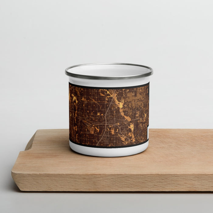 Front View Custom Plano Texas Map Enamel Mug in Ember on Cutting Board