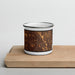 Front View Custom Plano Texas Map Enamel Mug in Ember on Cutting Board