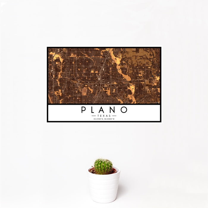 12x18 Plano Texas Map Print Landscape Orientation in Ember Style With Small Cactus Plant in White Planter