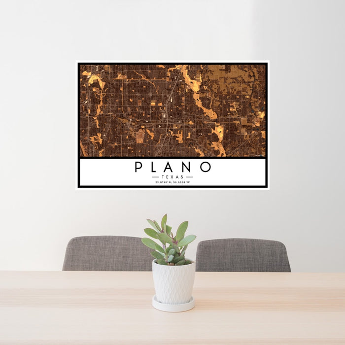 24x36 Plano Texas Map Print Landscape Orientation in Ember Style Behind 2 Chairs Table and Potted Plant