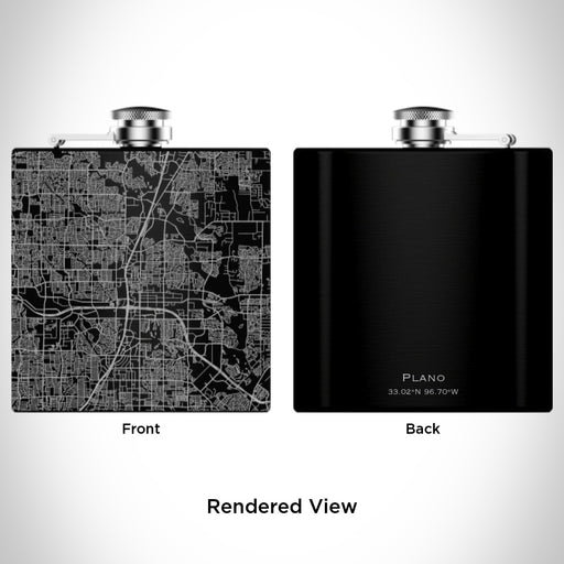 Rendered View of Plano Texas Map Engraving on 6oz Stainless Steel Flask in Black