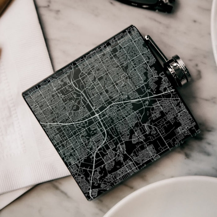 Plano Texas Custom Engraved City Map Inscription Coordinates on 6oz Stainless Steel Flask in Black