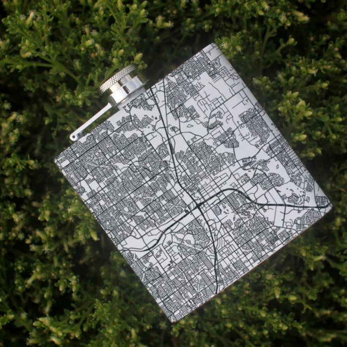 Plano Texas Custom Engraved City Map Inscription Coordinates on 6oz Stainless Steel Flask in White