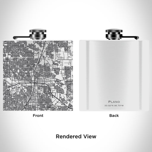 Rendered View of Plano Texas Map Engraving on 6oz Stainless Steel Flask in White