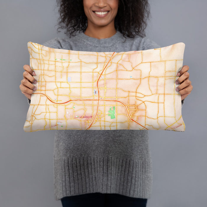 Person holding 20x12 Custom Plano Texas Map Throw Pillow in Watercolor