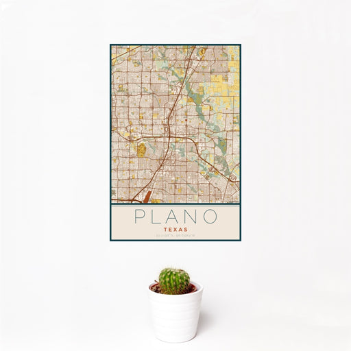 12x18 Plano Texas Map Print Portrait Orientation in Woodblock Style With Small Cactus Plant in White Planter