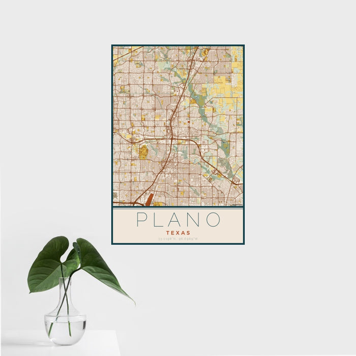 16x24 Plano Texas Map Print Portrait Orientation in Woodblock Style With Tropical Plant Leaves in Water