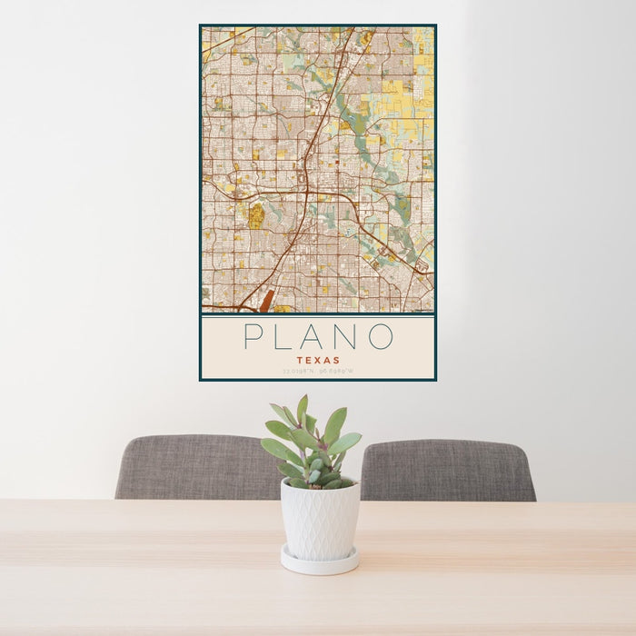 24x36 Plano Texas Map Print Portrait Orientation in Woodblock Style Behind 2 Chairs Table and Potted Plant