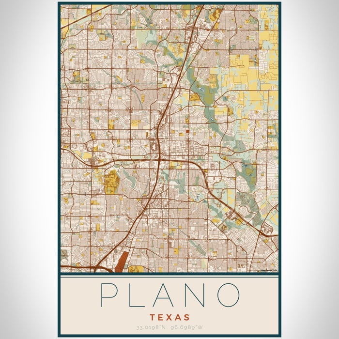 Plano Texas Map Print Portrait Orientation in Woodblock Style With Shaded Background
