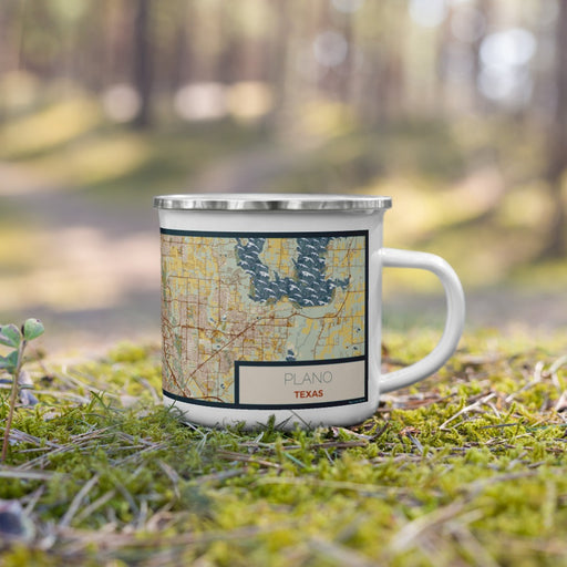 Right View Custom Plano Texas Map Enamel Mug in Woodblock on Grass With Trees in Background