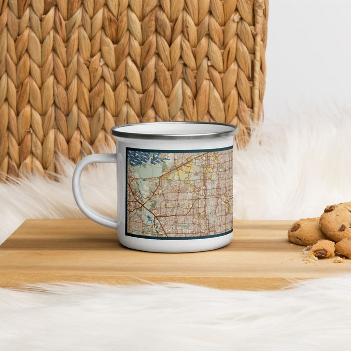 Left View Custom Plano Texas Map Enamel Mug in Woodblock on Table Top