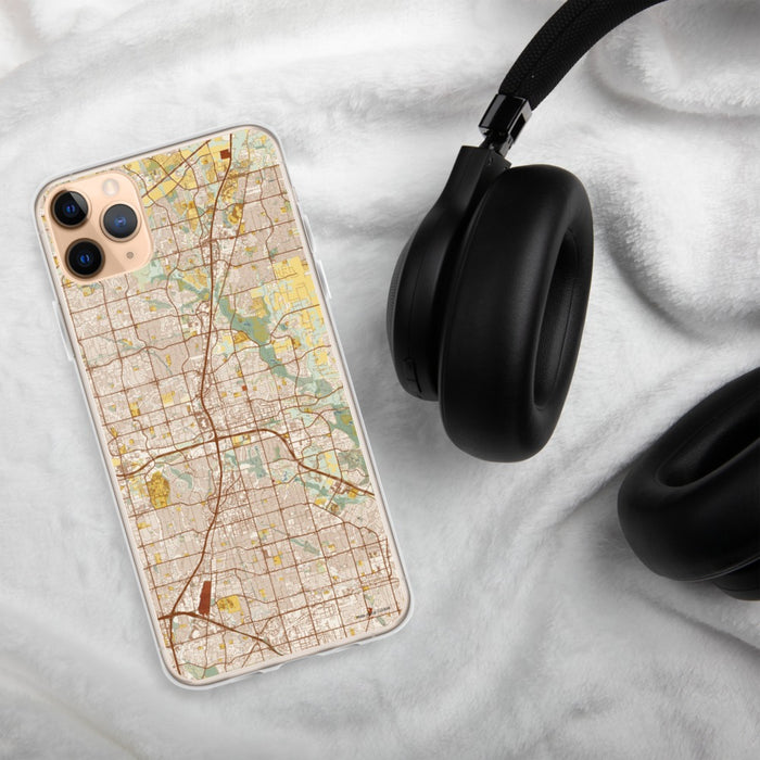 Custom Plano Texas Map Phone Case in Woodblock on Table with Black Headphones