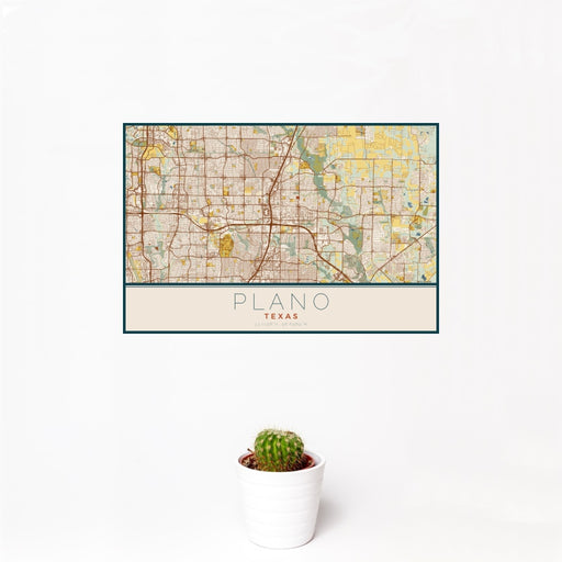 12x18 Plano Texas Map Print Landscape Orientation in Woodblock Style With Small Cactus Plant in White Planter