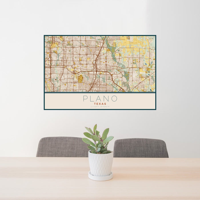 24x36 Plano Texas Map Print Landscape Orientation in Woodblock Style Behind 2 Chairs Table and Potted Plant