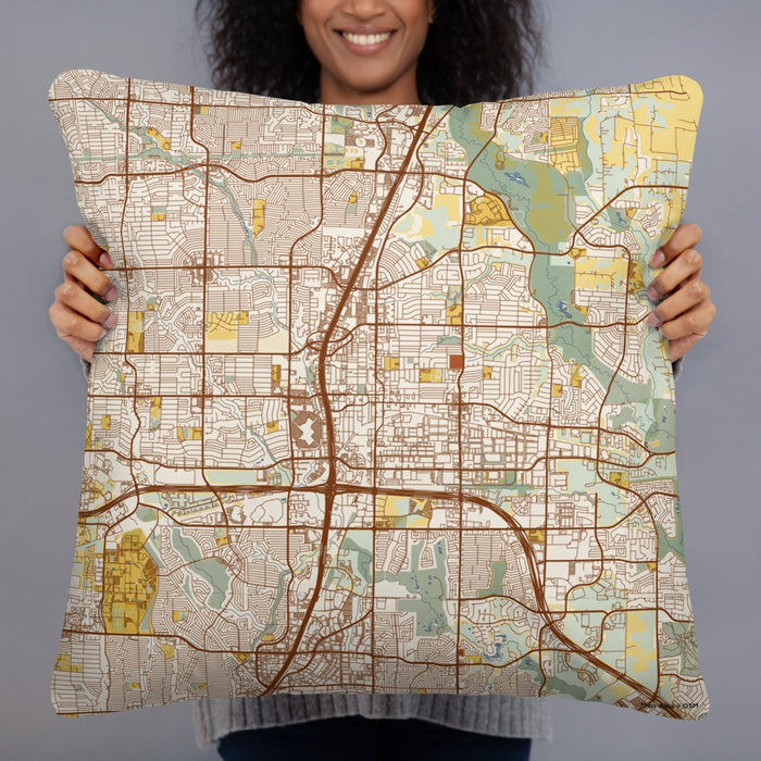 Person holding 22x22 Custom Plano Texas Map Throw Pillow in Woodblock