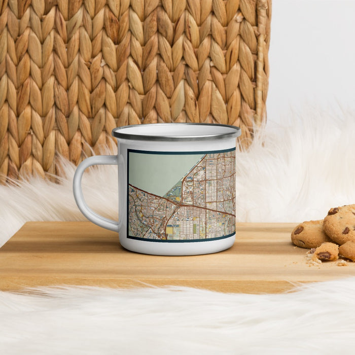 Left View Custom Plantation Florida Map Enamel Mug in Woodblock on Table Top