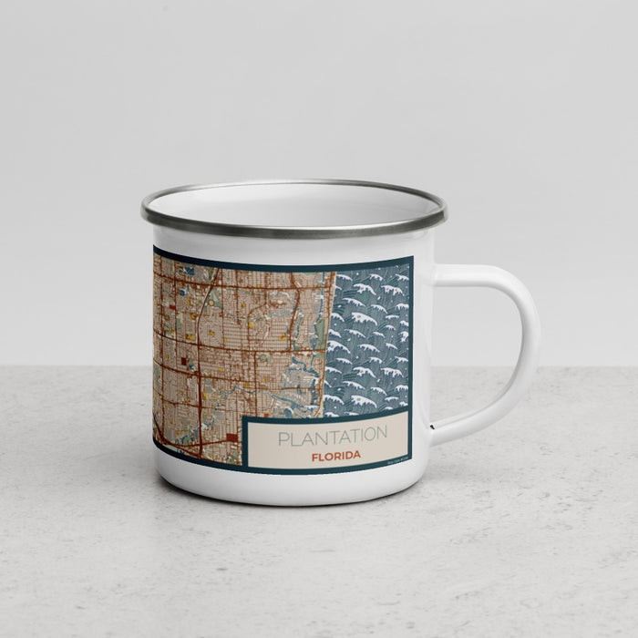 Right View Custom Plantation Florida Map Enamel Mug in Woodblock