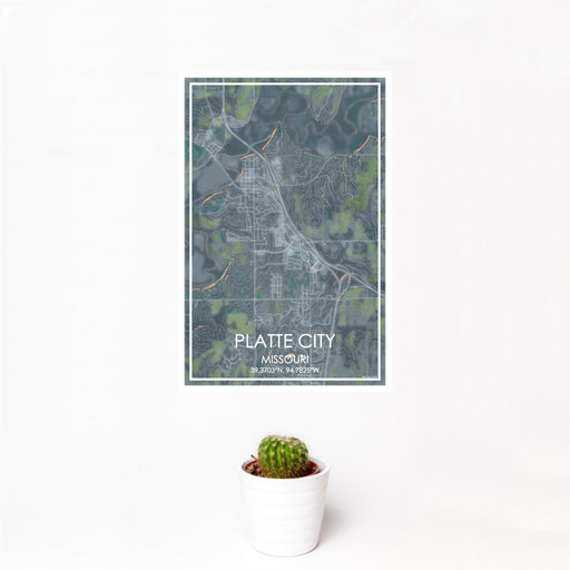 12x18 Platte City Missouri Map Print Portrait Orientation in Afternoon Style With Small Cactus Plant in White Planter