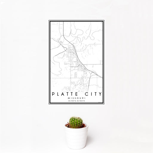 12x18 Platte City Missouri Map Print Portrait Orientation in Classic Style With Small Cactus Plant in White Planter