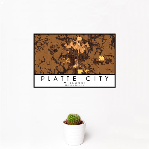 12x18 Platte City Missouri Map Print Landscape Orientation in Ember Style With Small Cactus Plant in White Planter