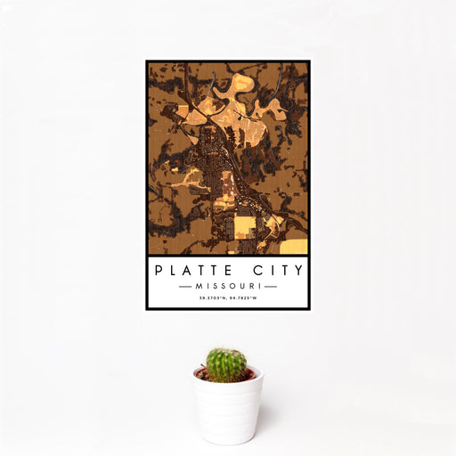 12x18 Platte City Missouri Map Print Portrait Orientation in Ember Style With Small Cactus Plant in White Planter