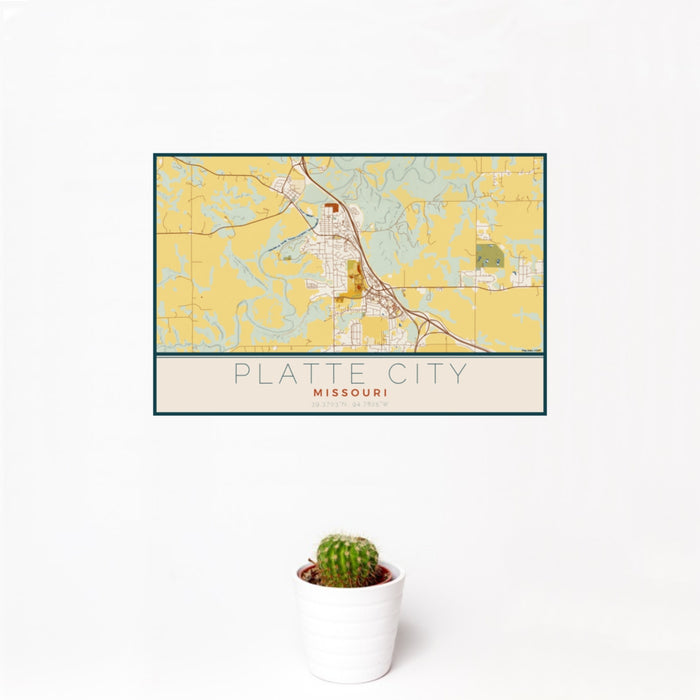 12x18 Platte City Missouri Map Print Landscape Orientation in Woodblock Style With Small Cactus Plant in White Planter