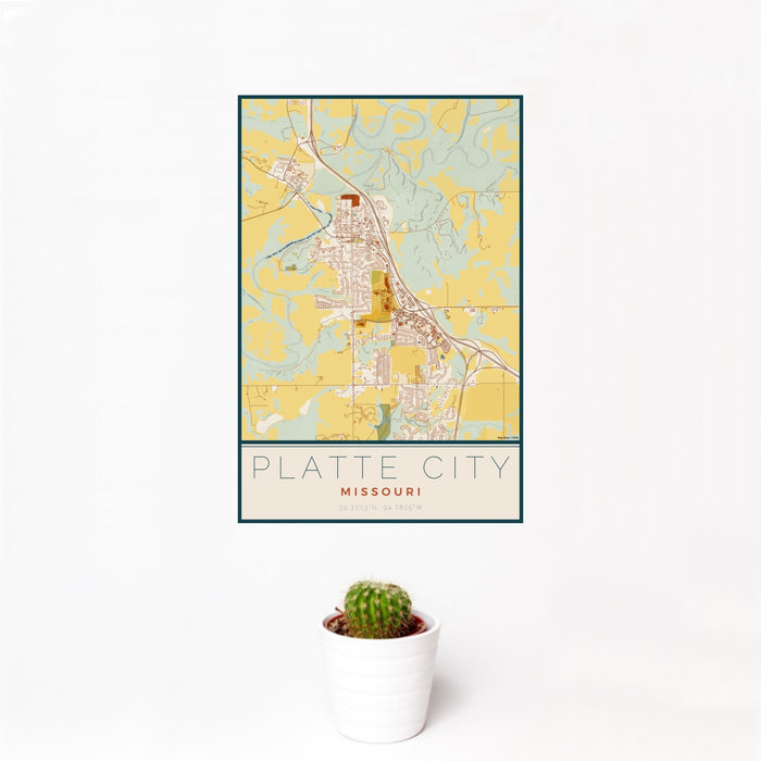 12x18 Platte City Missouri Map Print Portrait Orientation in Woodblock Style With Small Cactus Plant in White Planter