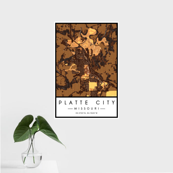 16x24 Platte City Missouri Map Print Portrait Orientation in Ember Style With Tropical Plant Leaves in Water