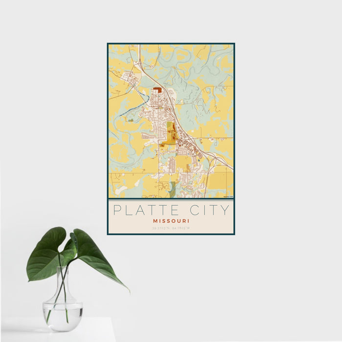 16x24 Platte City Missouri Map Print Portrait Orientation in Woodblock Style With Tropical Plant Leaves in Water
