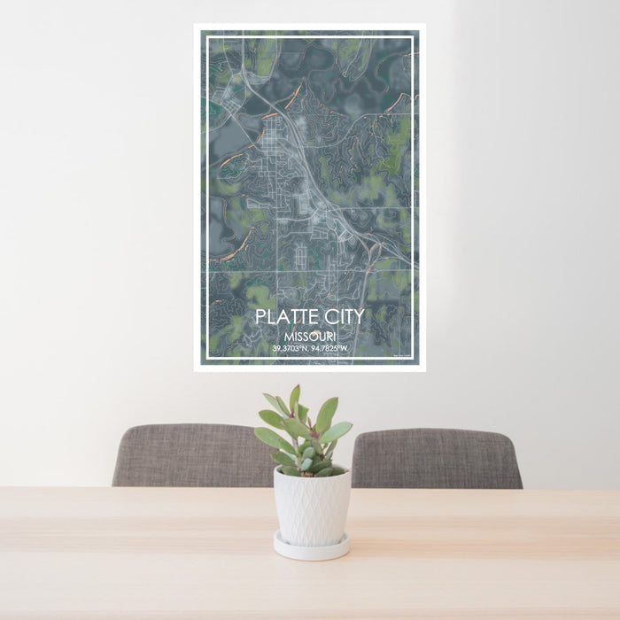 24x36 Platte City Missouri Map Print Portrait Orientation in Afternoon Style Behind 2 Chairs Table and Potted Plant