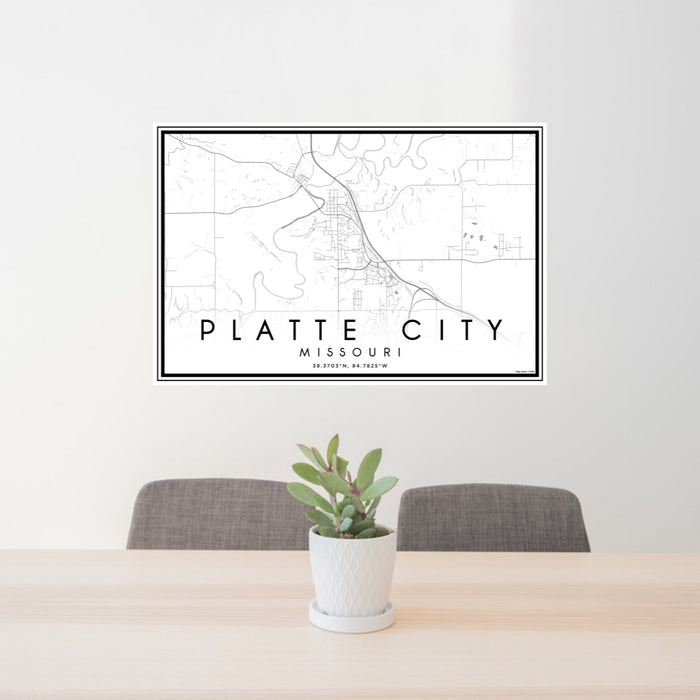 24x36 Platte City Missouri Map Print Lanscape Orientation in Classic Style Behind 2 Chairs Table and Potted Plant