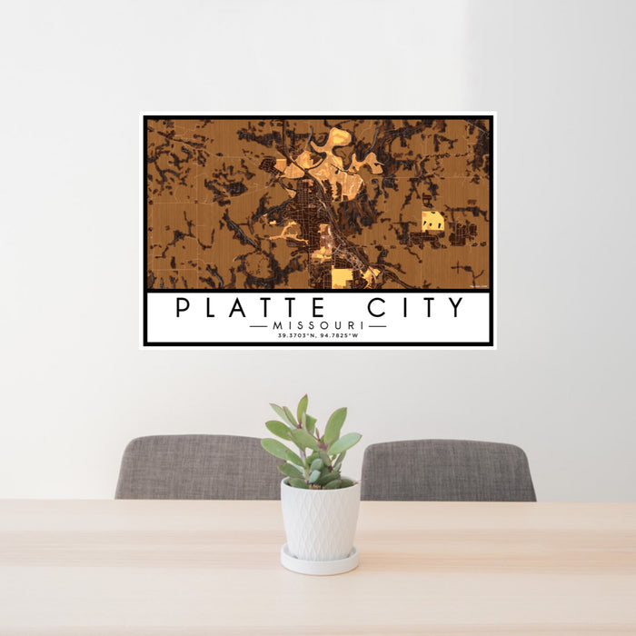 24x36 Platte City Missouri Map Print Lanscape Orientation in Ember Style Behind 2 Chairs Table and Potted Plant