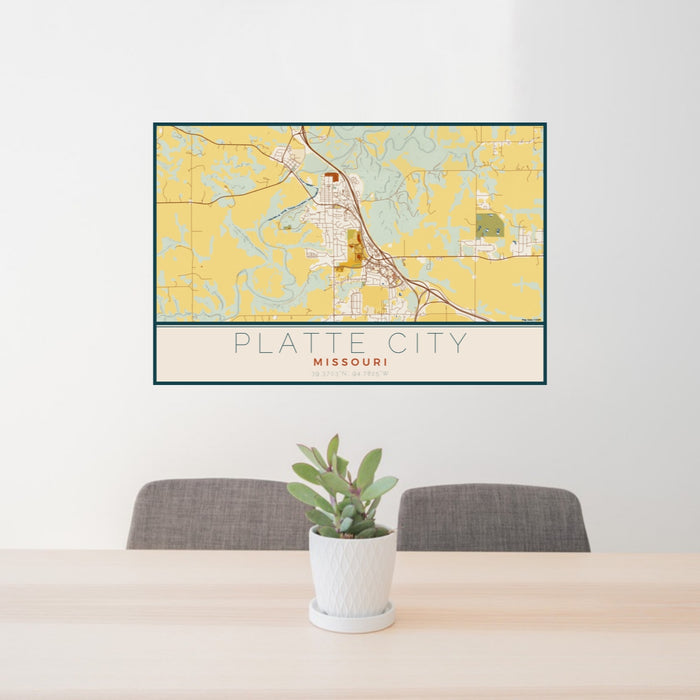 24x36 Platte City Missouri Map Print Lanscape Orientation in Woodblock Style Behind 2 Chairs Table and Potted Plant