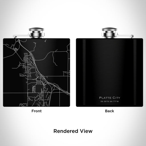 Rendered View of Platte City Missouri Map Engraving on 6oz Stainless Steel Flask in Black