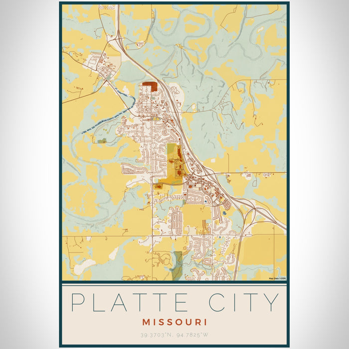 Platte City Missouri Map Print Portrait Orientation in Woodblock Style With Shaded Background