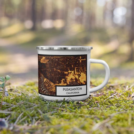 Right View Custom Pleasanton California Map Enamel Mug in Ember on Grass With Trees in Background