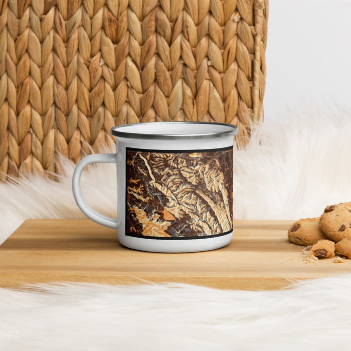 Left View Custom Pleasanton California Map Enamel Mug in Ember on Table Top