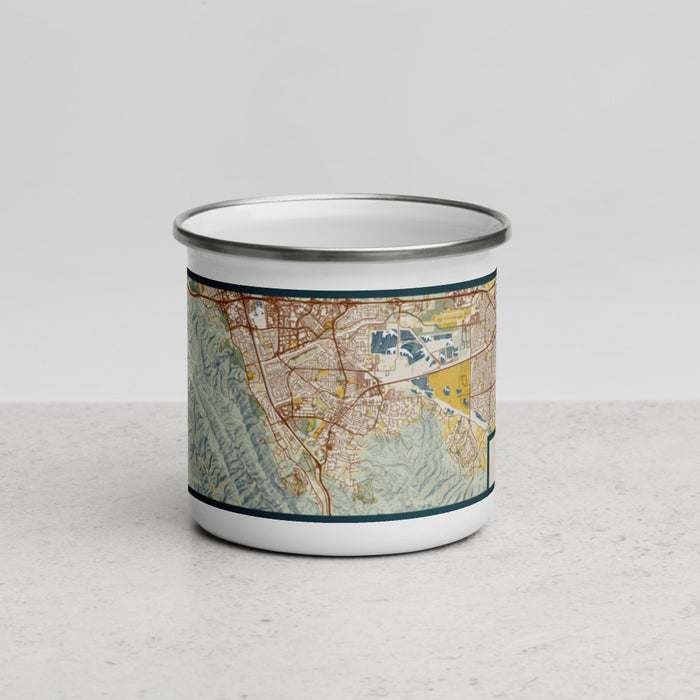 Front View Custom Pleasanton California Map Enamel Mug in Woodblock