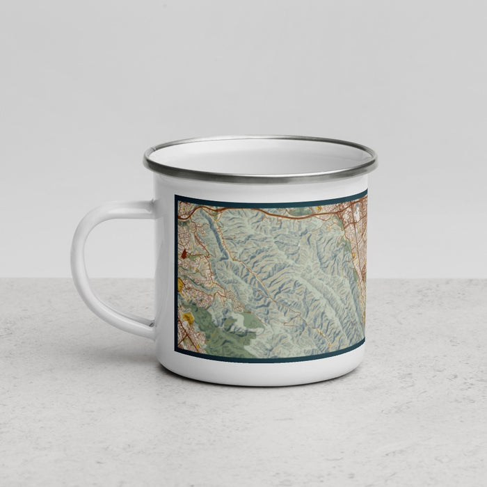 Left View Custom Pleasanton California Map Enamel Mug in Woodblock