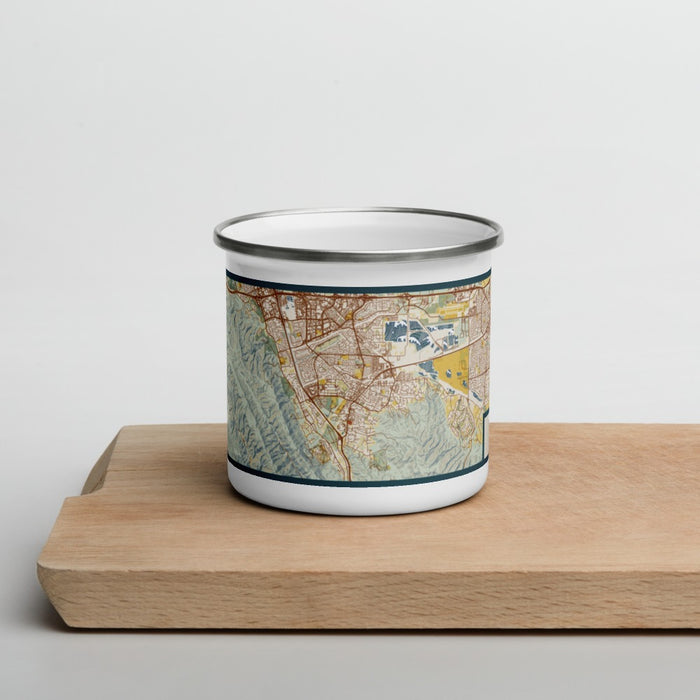 Front View Custom Pleasanton California Map Enamel Mug in Woodblock on Cutting Board