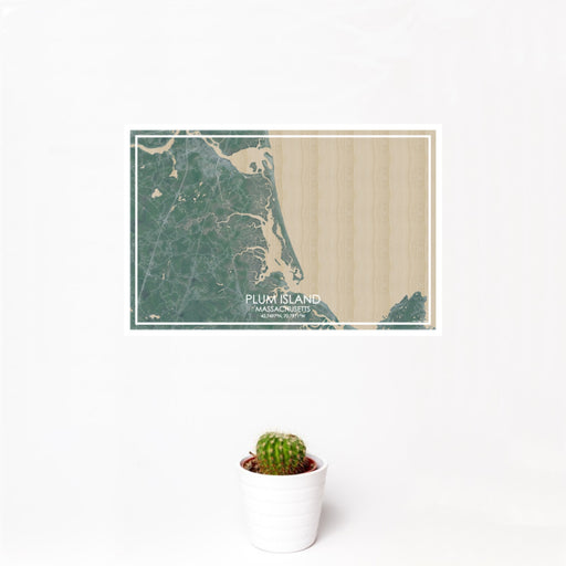 12x18 Plum Island Massachusetts Map Print Landscape Orientation in Afternoon Style With Small Cactus Plant in White Planter