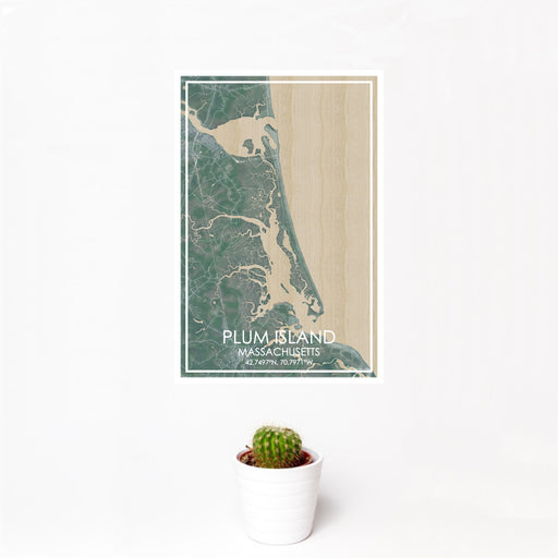 12x18 Plum Island Massachusetts Map Print Portrait Orientation in Afternoon Style With Small Cactus Plant in White Planter