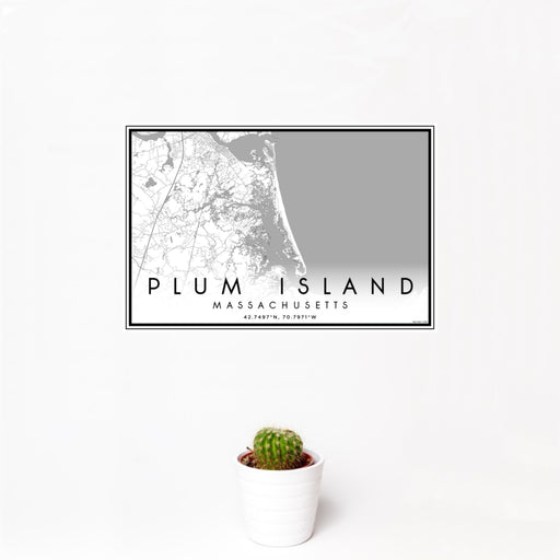 12x18 Plum Island Massachusetts Map Print Landscape Orientation in Classic Style With Small Cactus Plant in White Planter