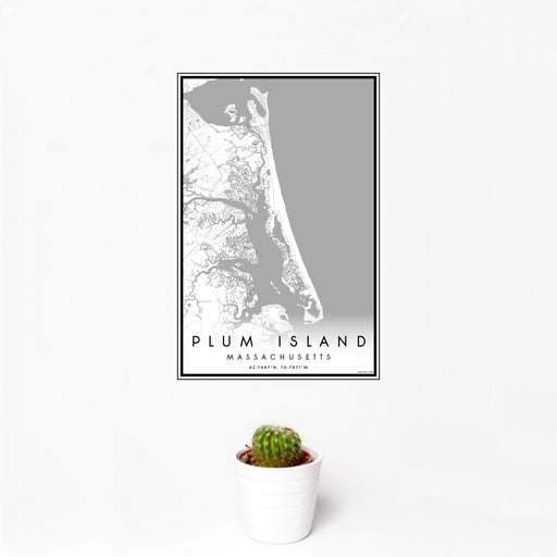 12x18 Plum Island Massachusetts Map Print Portrait Orientation in Classic Style With Small Cactus Plant in White Planter