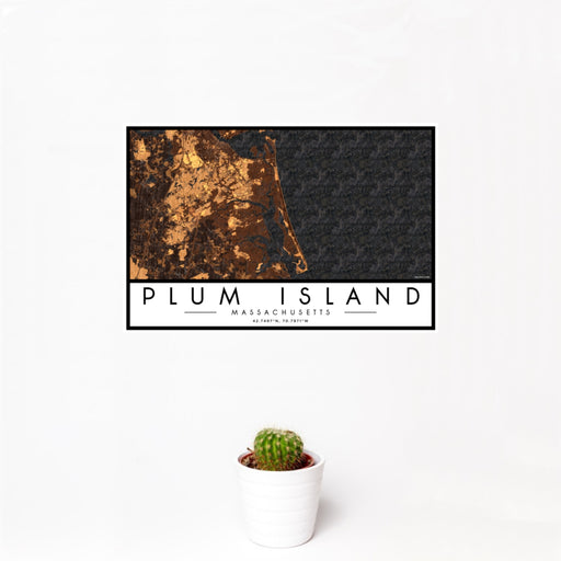 12x18 Plum Island Massachusetts Map Print Landscape Orientation in Ember Style With Small Cactus Plant in White Planter