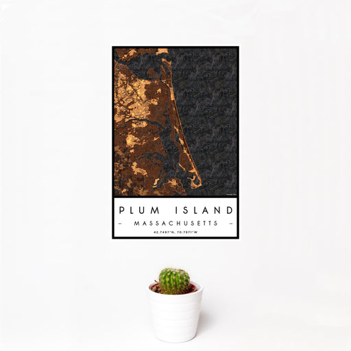 12x18 Plum Island Massachusetts Map Print Portrait Orientation in Ember Style With Small Cactus Plant in White Planter