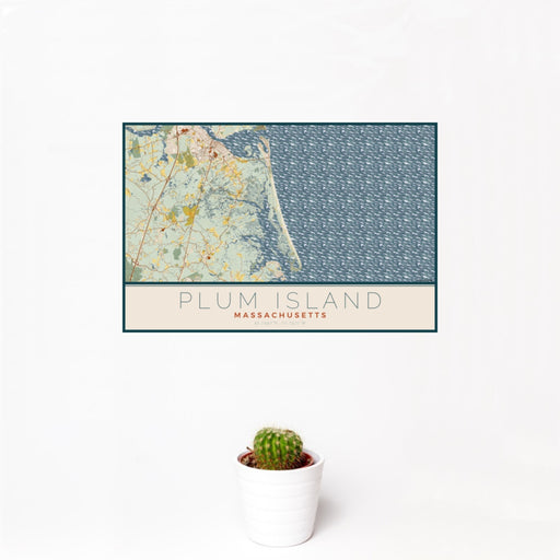 12x18 Plum Island Massachusetts Map Print Landscape Orientation in Woodblock Style With Small Cactus Plant in White Planter