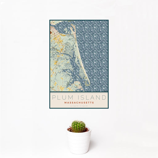 12x18 Plum Island Massachusetts Map Print Portrait Orientation in Woodblock Style With Small Cactus Plant in White Planter
