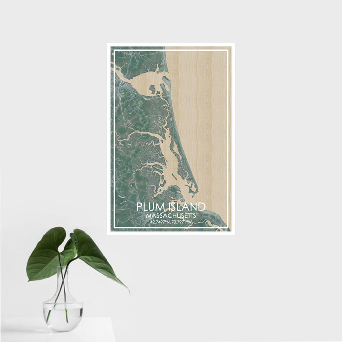 16x24 Plum Island Massachusetts Map Print Portrait Orientation in Afternoon Style With Tropical Plant Leaves in Water